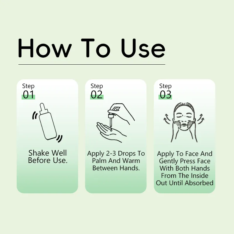 Instructional image showing three-step directions for using a skincare product: shake well, apply 2-3 drops to palm and warm between hands, then apply to face and gently press until absorbed.